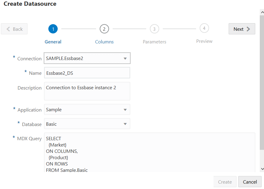 用於建立另一個 Essbase 執行處理之資料來源的「建立資料來源」對話方塊「一般」步驟。連線：SAMPLE.Essbase2，名稱：Essbase2_DS，描述：Connection to Essbase instance 2，應用程式：Sample，資料庫：Basic，MDX 查詢：Select {Market} on columns, {Product} on rows from Sample.basic