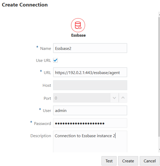 用於建立與另一個 Essbase 執行處理之連線的「建立連線」對話方塊。名稱：Essbase2。已勾選「使用 URL」。URL 是 https://192.0.2.1:443/essbase/agent。已勾選「使用 URL」，因此「主機」與「連接埠」空白。使用者：admin。密碼：(已遮蔽)。描述：Connection to Essbase instance 2