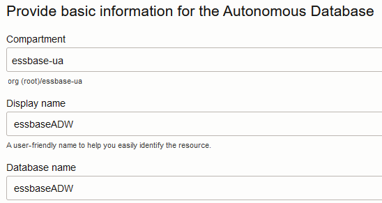 已完成輸入自治式資料庫的基本資訊。區間為 essbase-ua，顯示名稱為 essbaseADW，資料庫名稱為 essbaseADW
