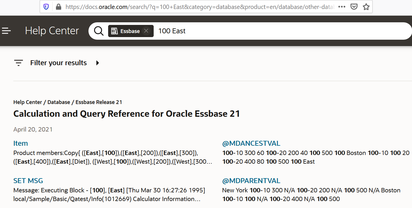 URL 鑽研結果的圖像，當中顯示含有 Essbase 與 100 及 East 之搜尋結果的 Oracle Help Center。