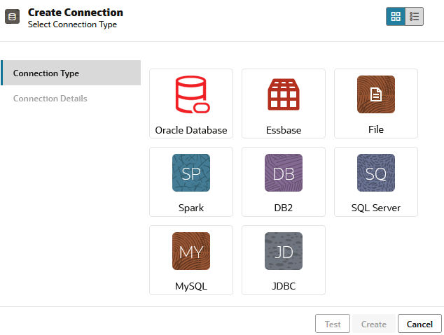 含下列連線選項的「建立連線」按鈕：Oracle Database、Essbase、檔案、Spark、DB2、SQL Server、MySQL 及 JDBC