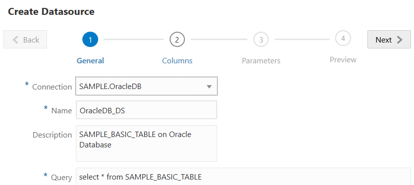 用於建立 Oracle Database 之資料來源的「建立資料來源」對話方塊「一般」步驟。連線：SAMPLE.OracleDB，名稱：OracleDB_DS，描述：SAMPLE_BASIC_TABLE on Oracle Database，查詢：select * from SAMPLE_BASIC_TABLE