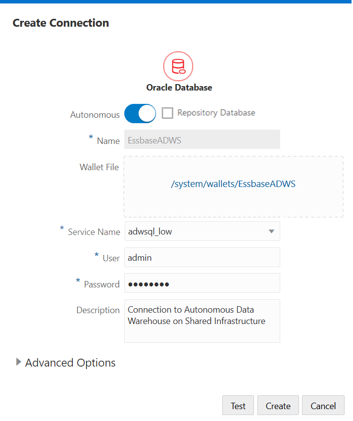 「建立連線」對話方塊的圖像，其中顯示如何建立 Essbase 與 Oracle Autonomous Data Warehouse 的連線