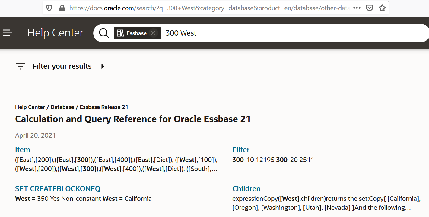 Oracle Help Center 上 Essbase、300 及 West 的 URL 鑽研搜尋結果圖像。