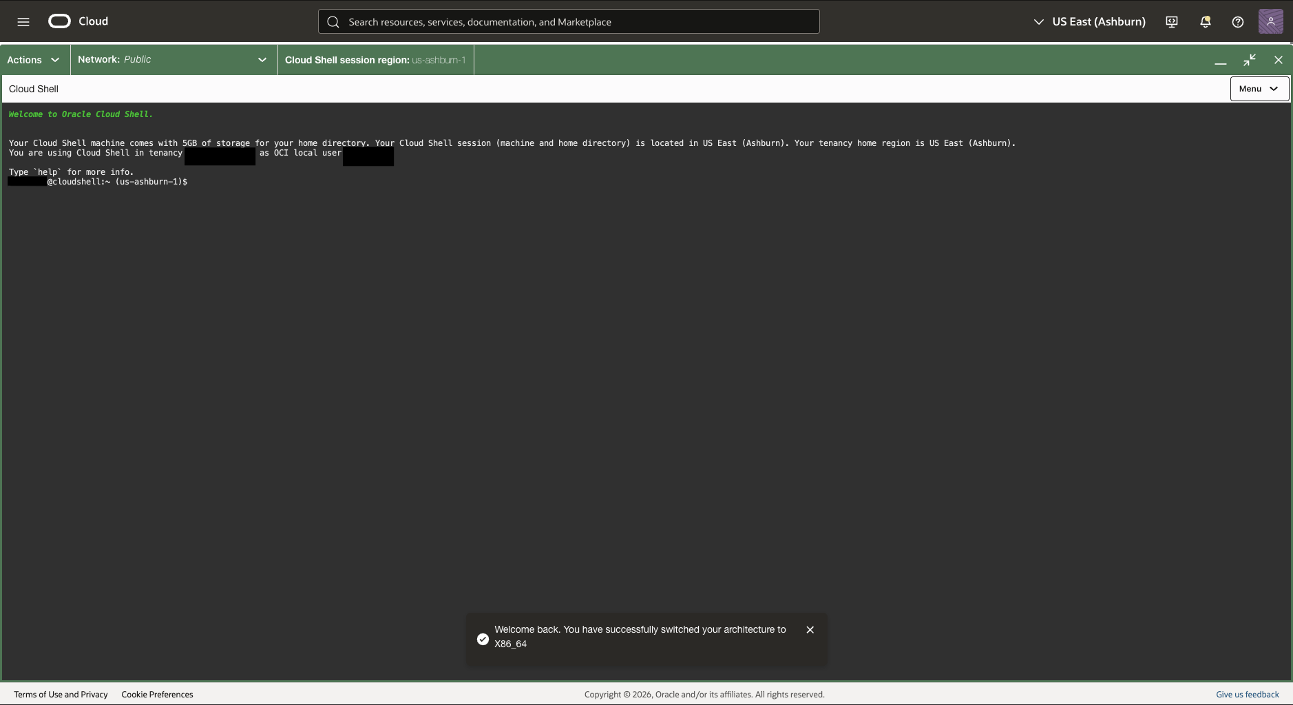 Erfolgsmeldung bei Auswahl der Cloud Shell-Architektur