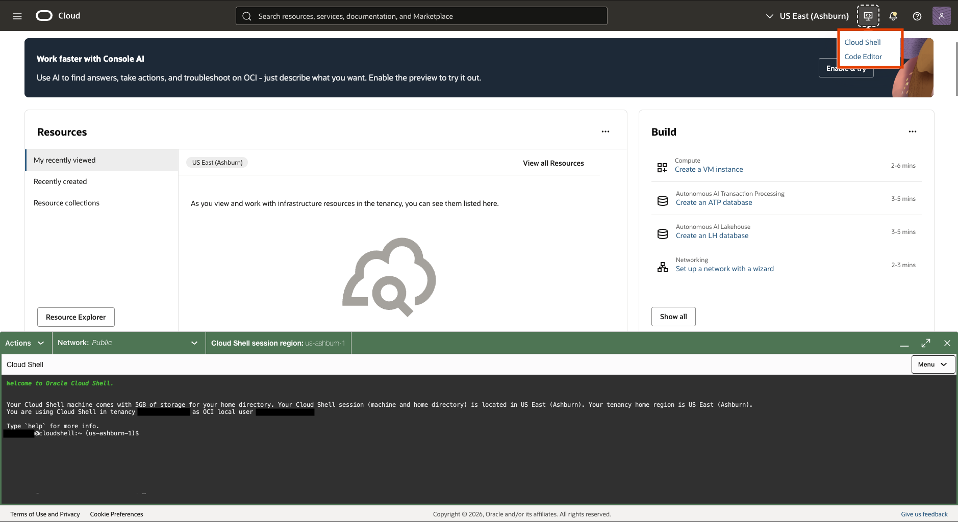 Cloud Shell-Startmenü