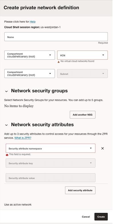 Beispiel: Dialogfeld nach abgeschlossener Einrichtung eines privaten Cloud Shell-Netzwerks