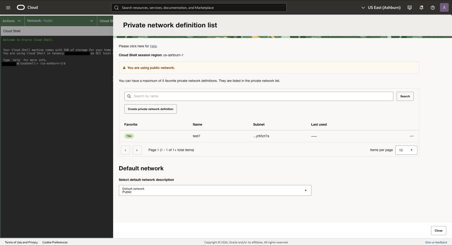 Liste der Definition privater Cloud Shell-Netzwerke