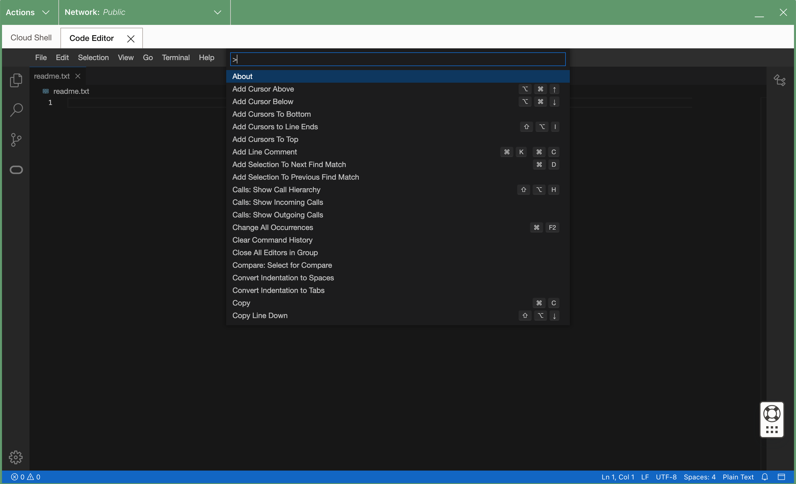 Befehlspalette des Codeeditors