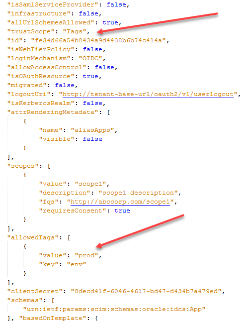 Ein Teil einer Beispielanforderung mit roten Pfeilen, die auf den Parameter trustScope und den Parameter allowedTags zeigen.