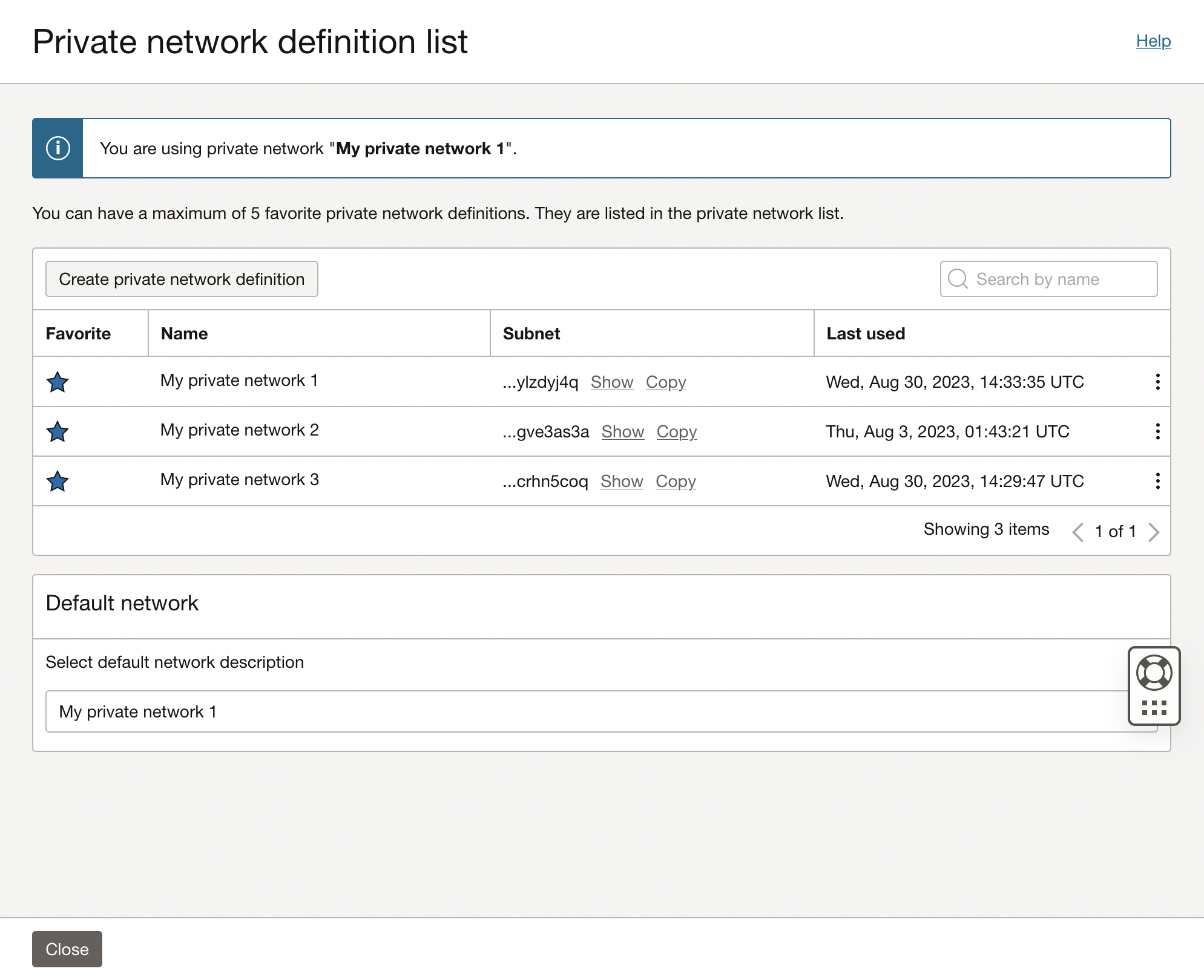 Liste der Definition privater Cloud Shell-Netzwerke