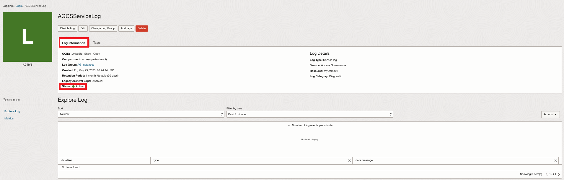 Seite "Loginformationen"