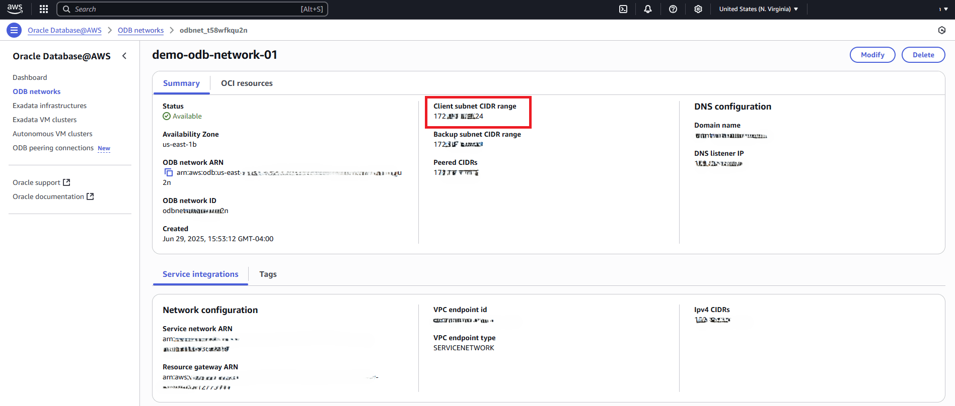 Dieser Screenshot zeigt den CIDR-Bereich des Clientsubnetzes
