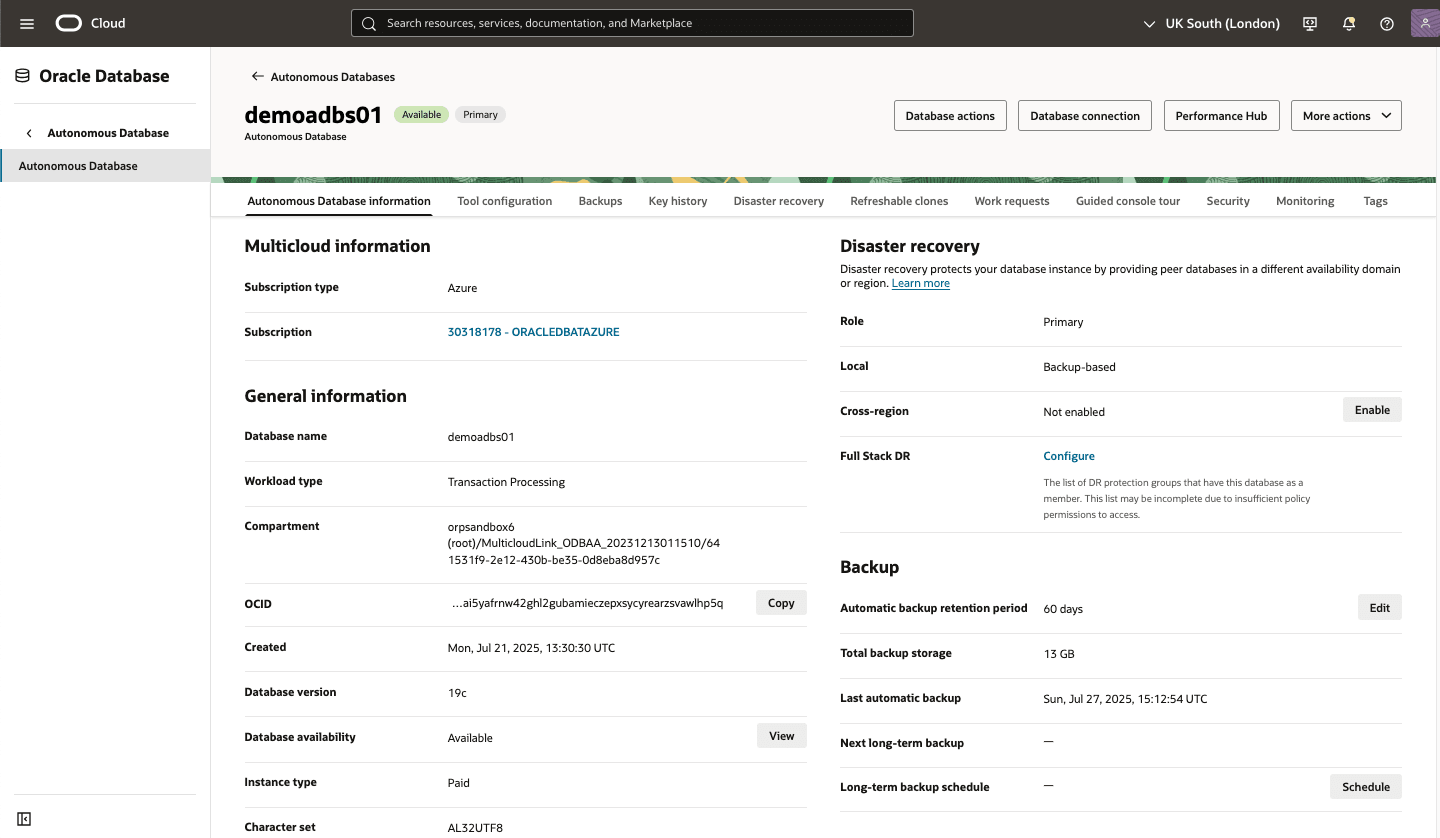 Dieser Screenshot zeigt das langfristige Backup einer autonomen KI-Datenbank. Dieser Screenshot zeigt das langfristige Backup einer autonomen KI-Datenbank.