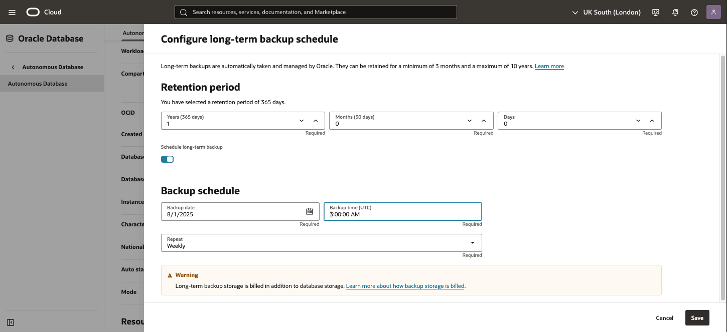 Dieser Screenshot zeigt das langfristige Backup einer autonomen KI-Datenbank. Dieser Screenshot zeigt das langfristige Backup einer autonomen KI-Datenbank.