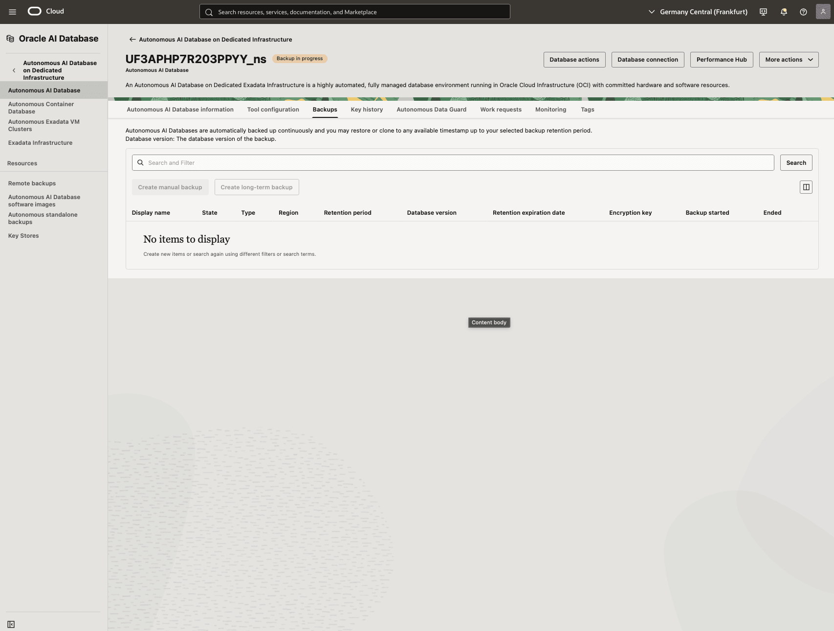 Dieser Screenshot zeigt, wie Sie ein Backup Ihrer autonomen KI-Datenbank erstellen.