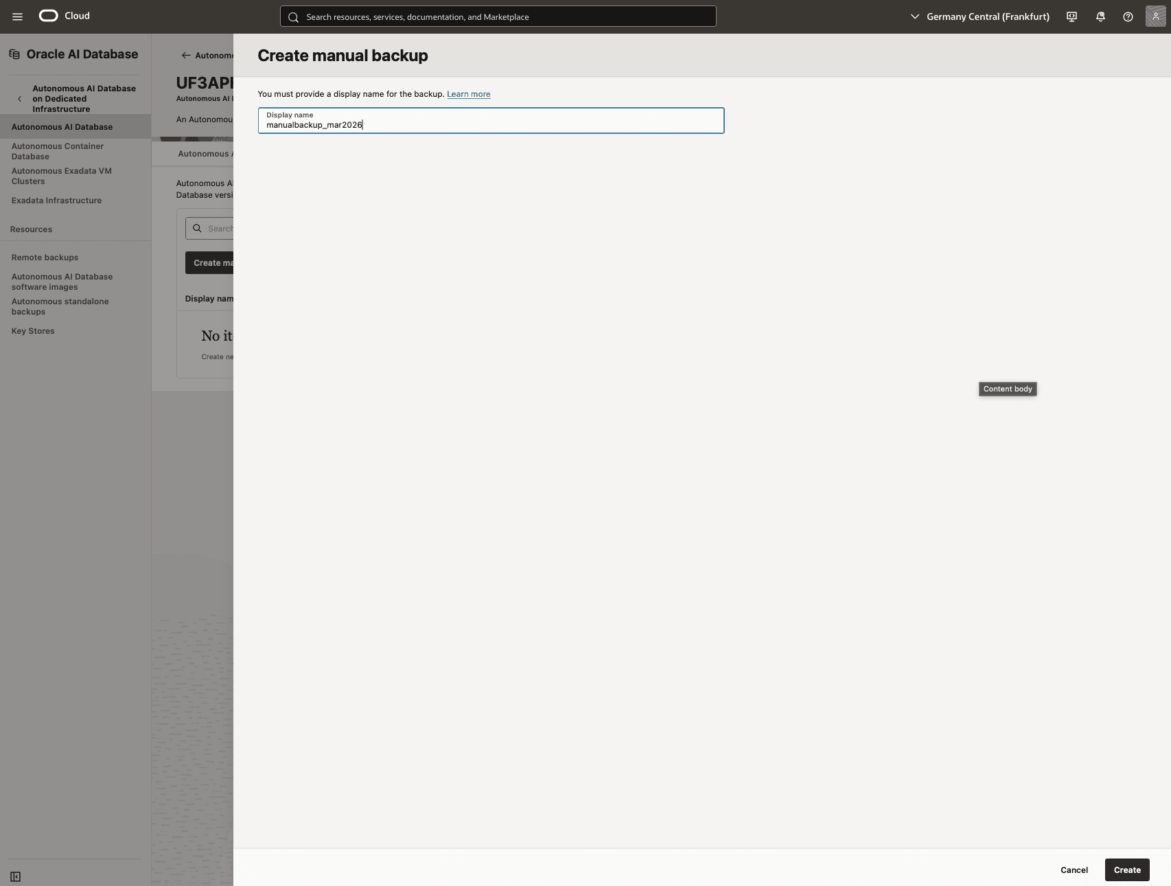 Dieser Screenshot zeigt, wie Sie ein Backup Ihrer autonomen KI-Datenbank erstellen.