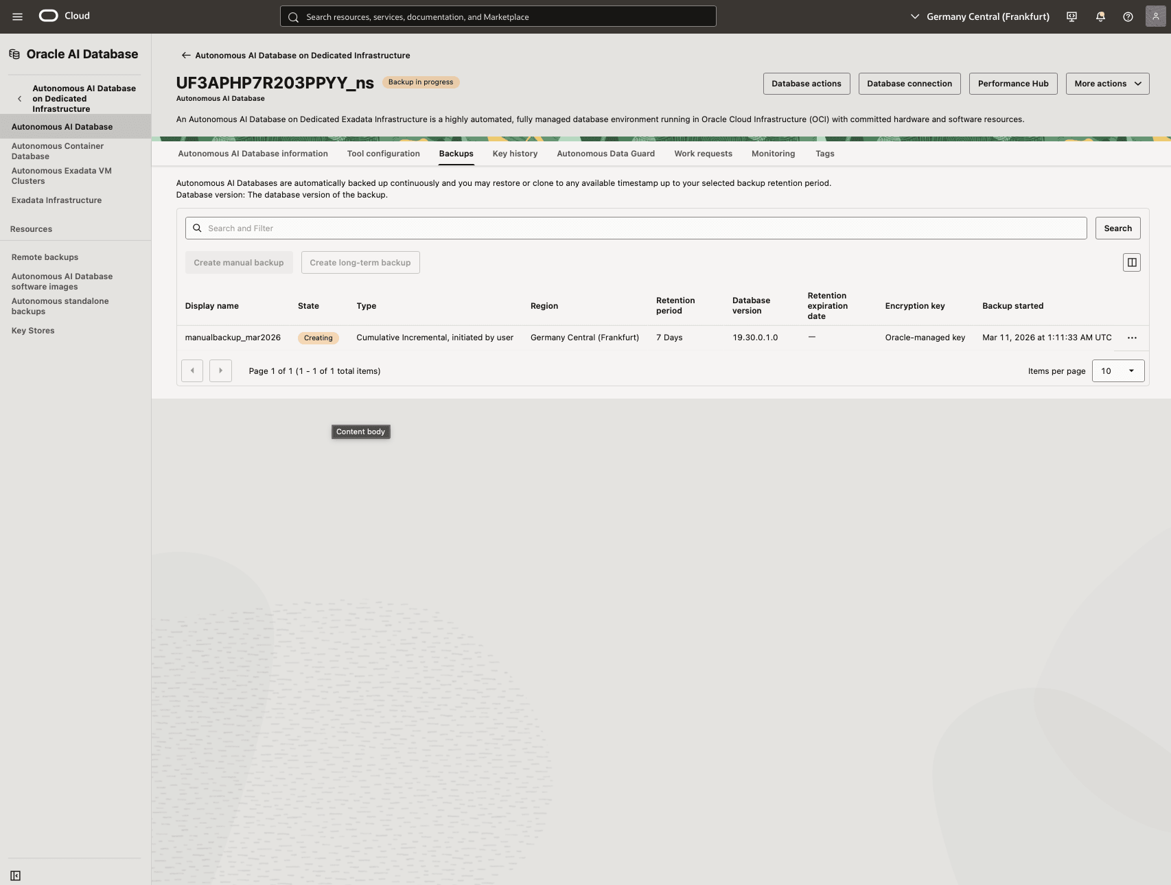 Dieser Screenshot zeigt, wie Sie ein Backup Ihrer autonomen KI-Datenbank erstellen.