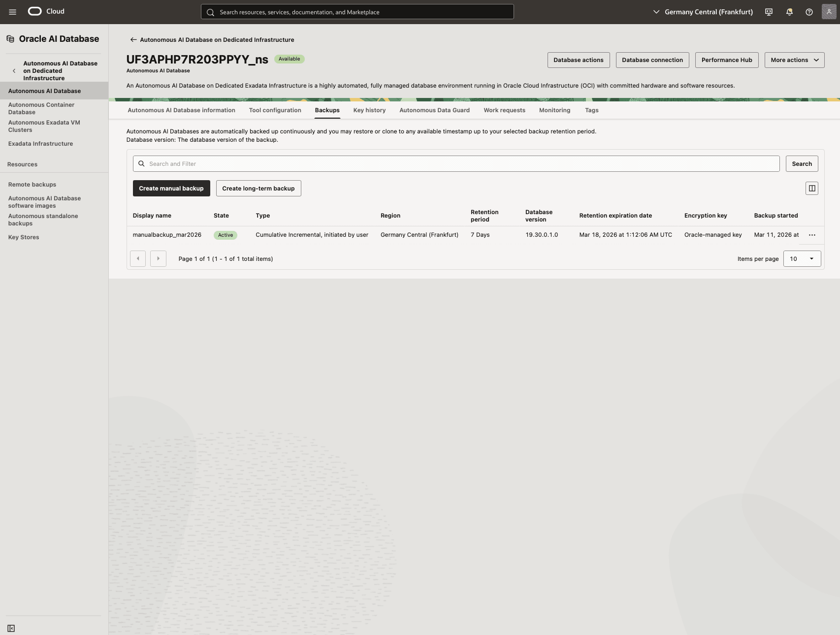 Dieser Screenshot zeigt, wie Sie ein Backup Ihrer autonomen KI-Datenbank erstellen.