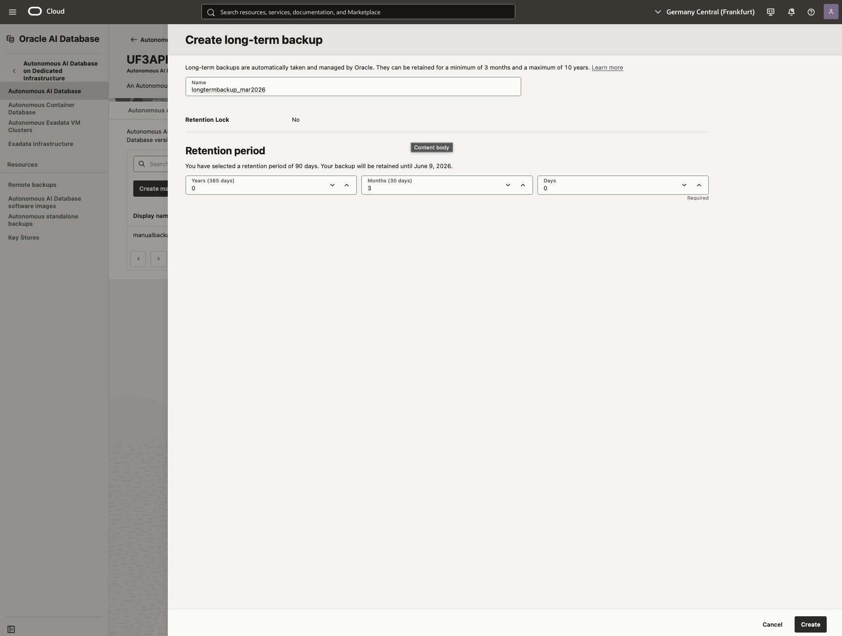 Dieser Screenshot zeigt, wie Sie ein Backup Ihrer autonomen KI-Datenbank erstellen.