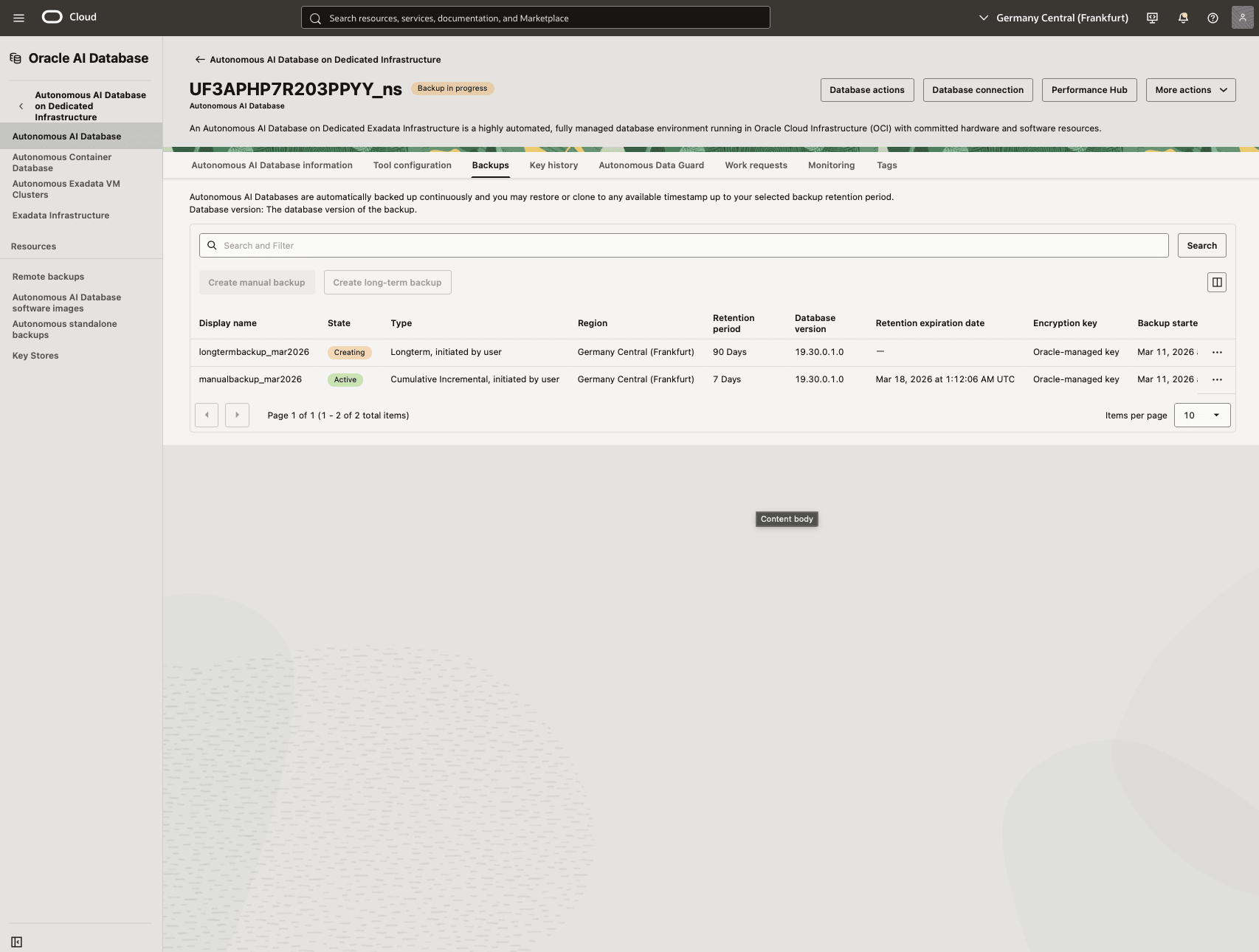 Dieser Screenshot zeigt, wie Sie ein Backup Ihrer autonomen KI-Datenbank erstellen.