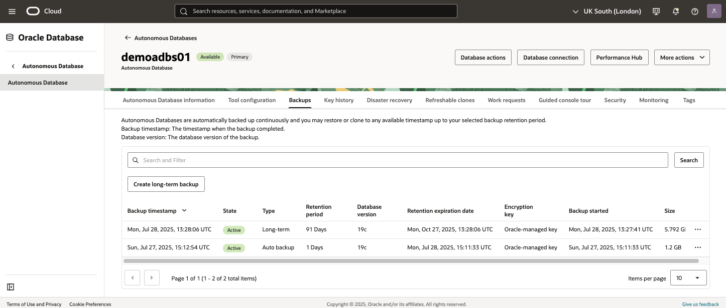 In diesem Screenshot wird das automatische Backup einer autonomen KI-Datenbank dargestellt. In diesem Screenshot wird das automatische Backup einer autonomen KI-Datenbank dargestellt.