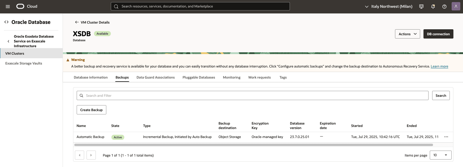 In diesem Screenshot wird das automatische Backup einer Exascale-Datenbank dargestellt.