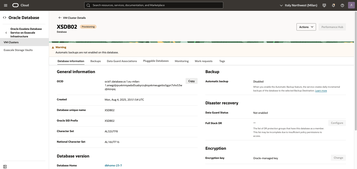 In diesem Screenshot wird gezeigt, wie Sie eine Exadata-Datenbank aus einem automatischen oder Standalone-Backup wiederherstellen.