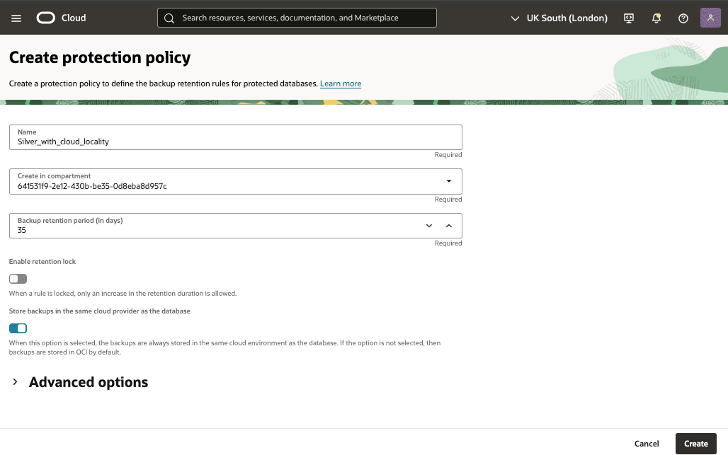 In diesem Screenshot wird gezeigt, wie Sie eine Autonomous Recovery Service-Schutz-Policy erstellen.