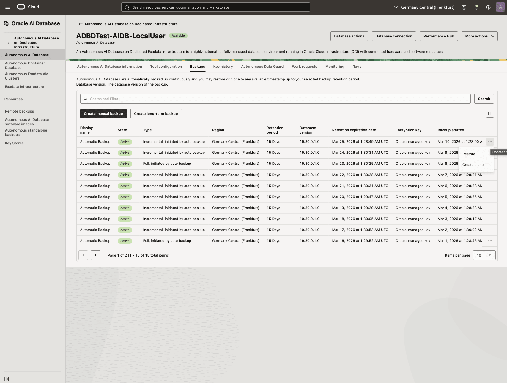 In diesem Screenshot wird gezeigt, wie Sie Ihre autonome KI-Datenbank wiederherstellen.