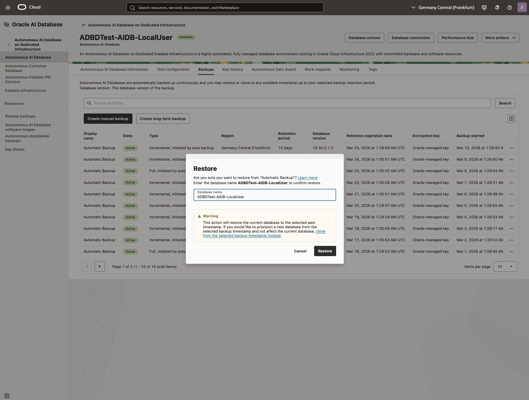 In diesem Screenshot wird gezeigt, wie Sie Ihre autonome KI-Datenbank wiederherstellen.