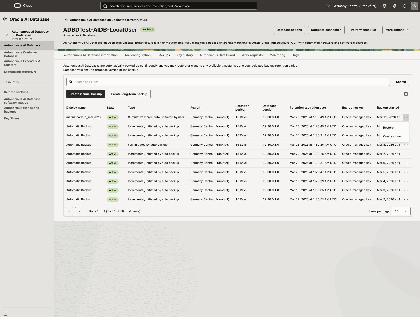 In diesem Screenshot wird gezeigt, wie Sie Ihre autonome KI-Datenbank wiederherstellen.