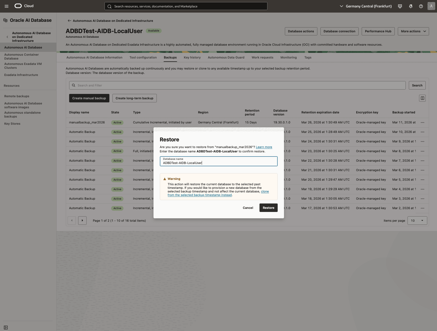In diesem Screenshot wird gezeigt, wie Sie Ihre autonome KI-Datenbank wiederherstellen.