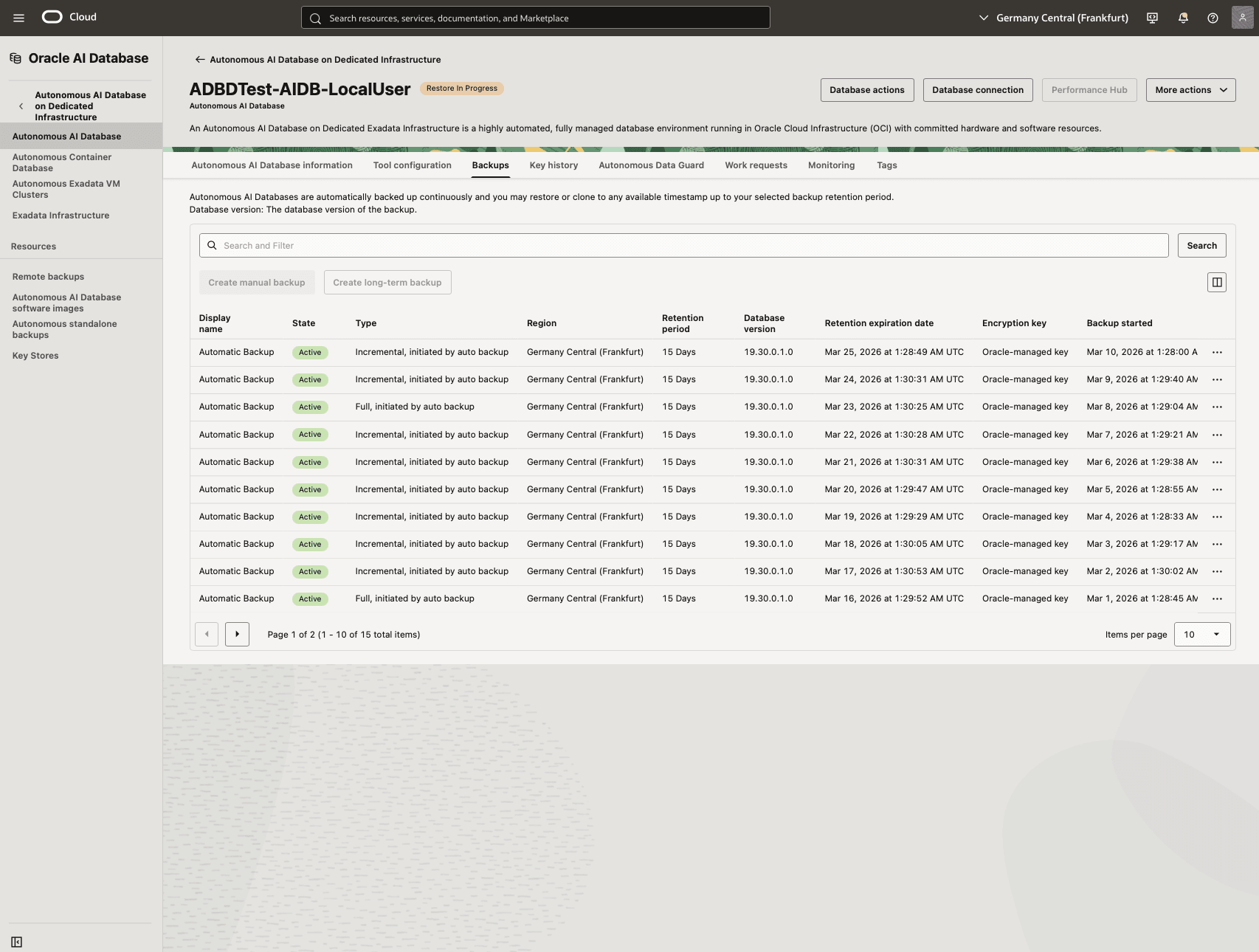 In diesem Screenshot wird gezeigt, wie Sie Ihre autonome KI-Datenbank wiederherstellen.