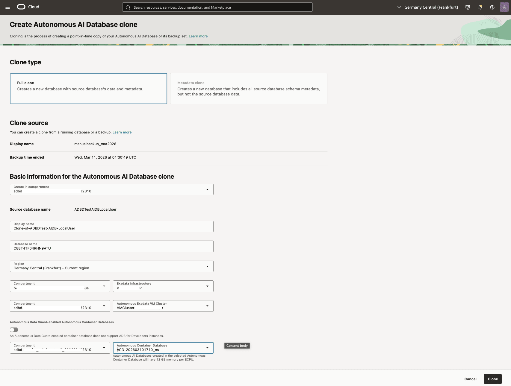 In diesem Screenshot wird gezeigt, wie Sie einen Klon der autonomen KI-Datenbank erstellen.