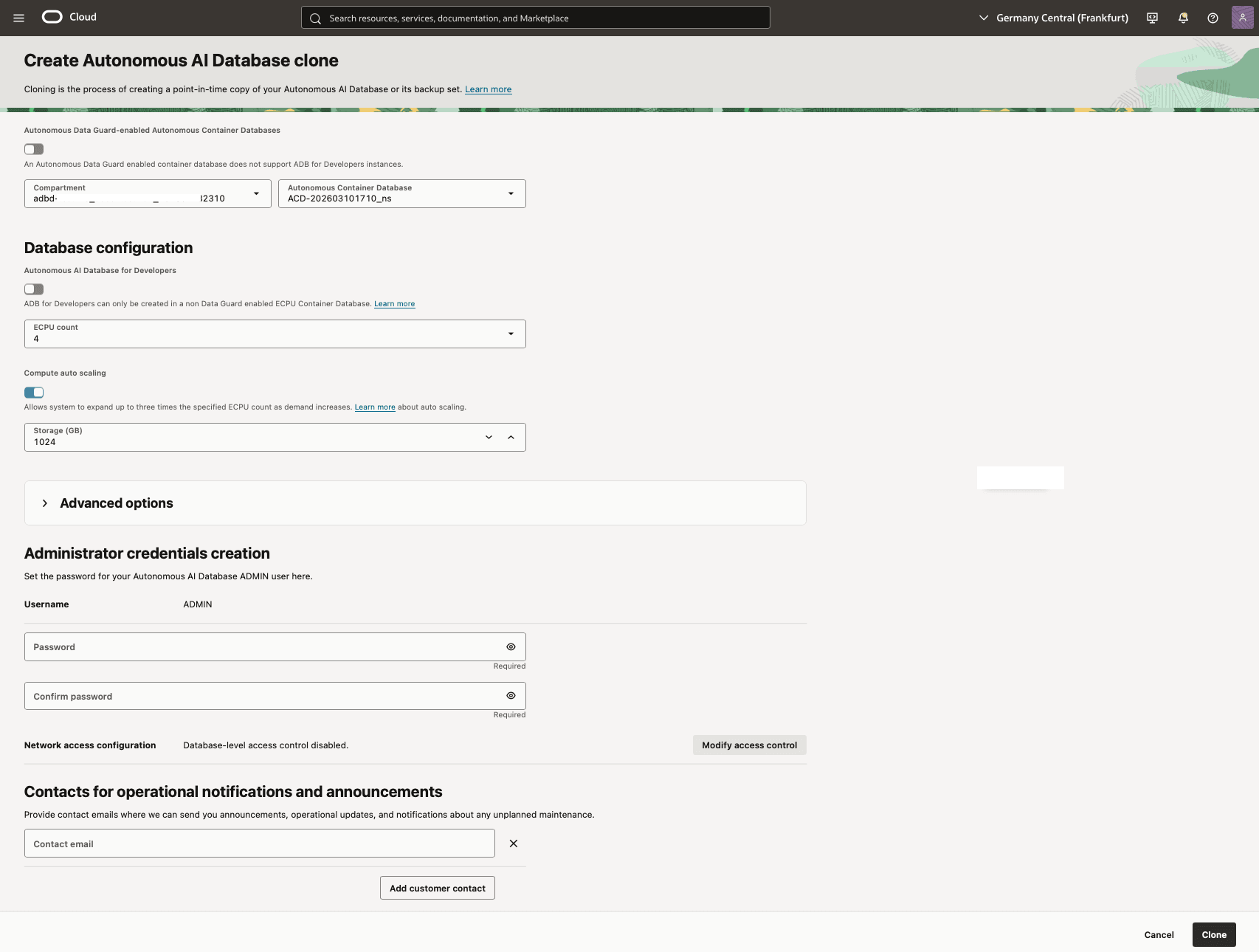 In diesem Screenshot wird gezeigt, wie Sie einen Klon der autonomen KI-Datenbank erstellen.