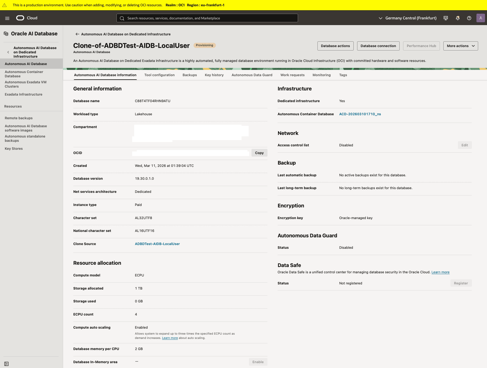 In diesem Screenshot wird gezeigt, wie Sie einen Klon der autonomen KI-Datenbank erstellen.