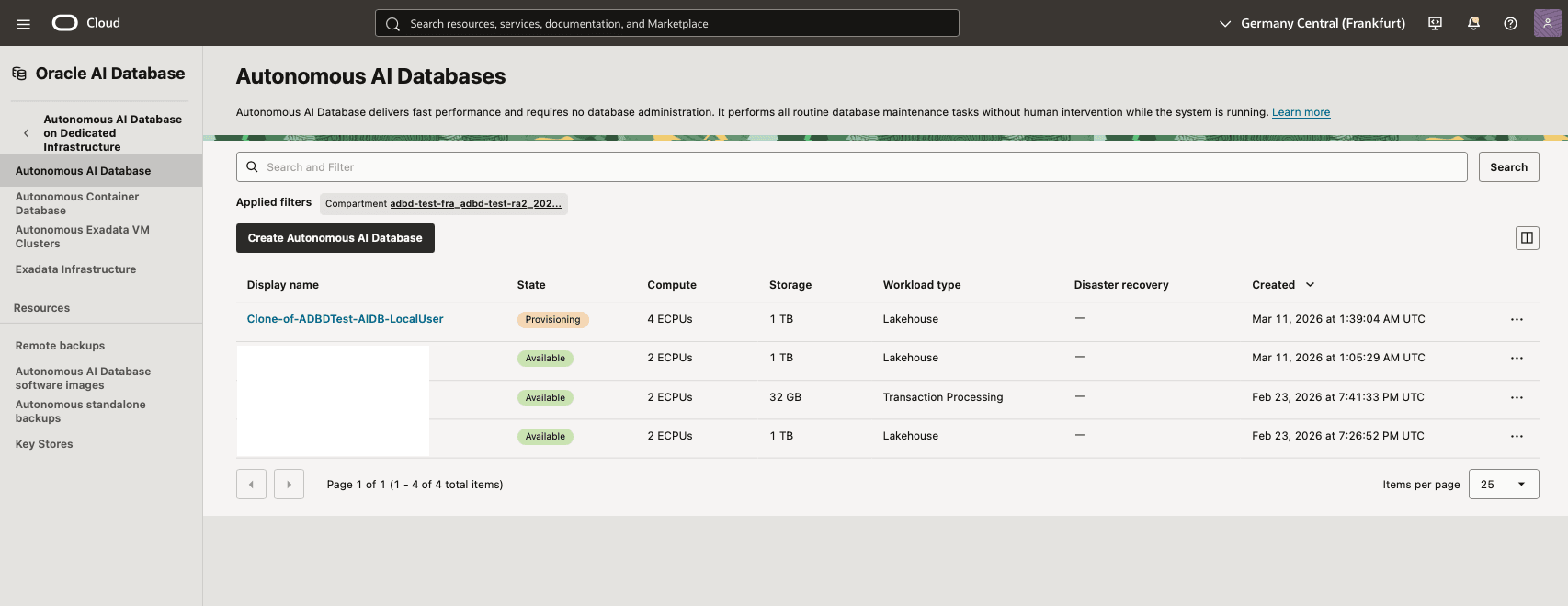 In diesem Screenshot wird gezeigt, wie Sie einen Klon der autonomen KI-Datenbank erstellen.