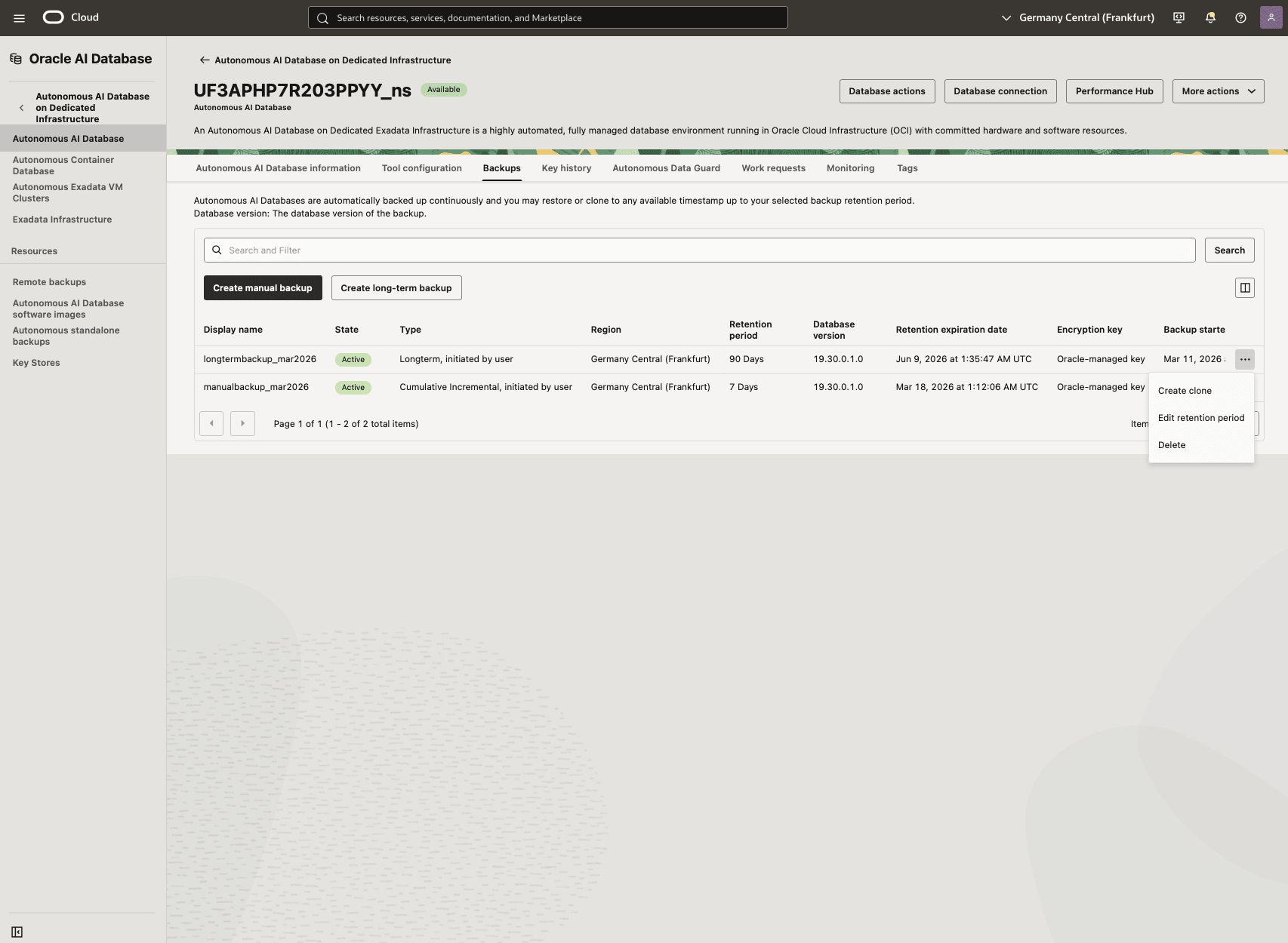 In diesem Screenshot wird gezeigt, wie Sie ein langfristiges Backup wiederherstellen.