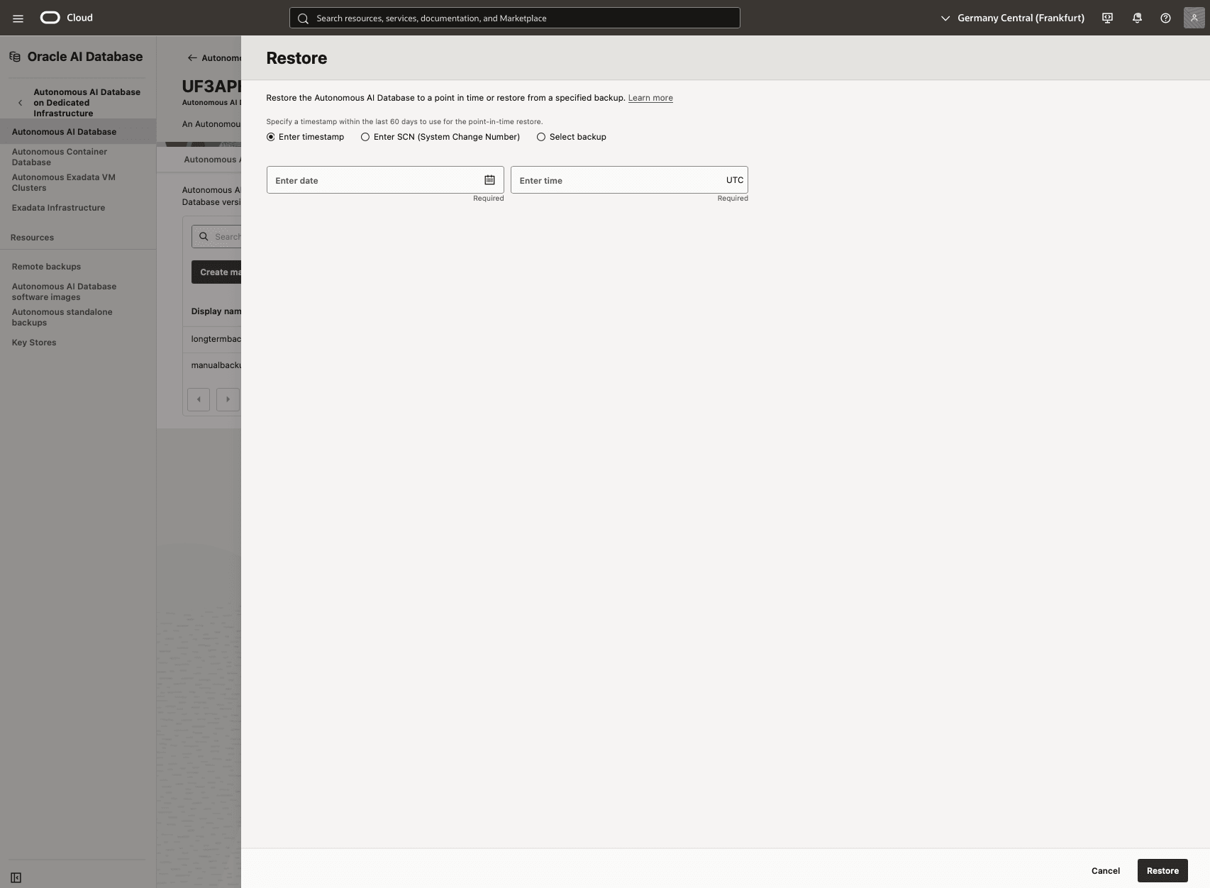 In diesem Screenshot wird gezeigt, wie Sie eine Point-in-Time-Wiederherstellung durchführen.