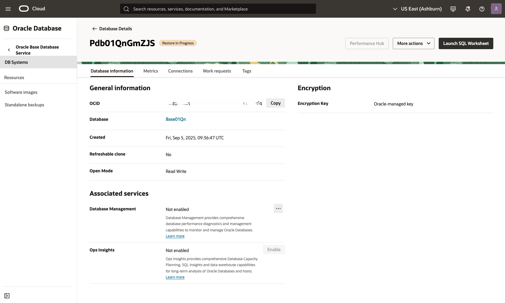 Dieser Screenshot zeigt eine Point-in-Time-Wiederherstellung in der integrierbaren Datenbank.