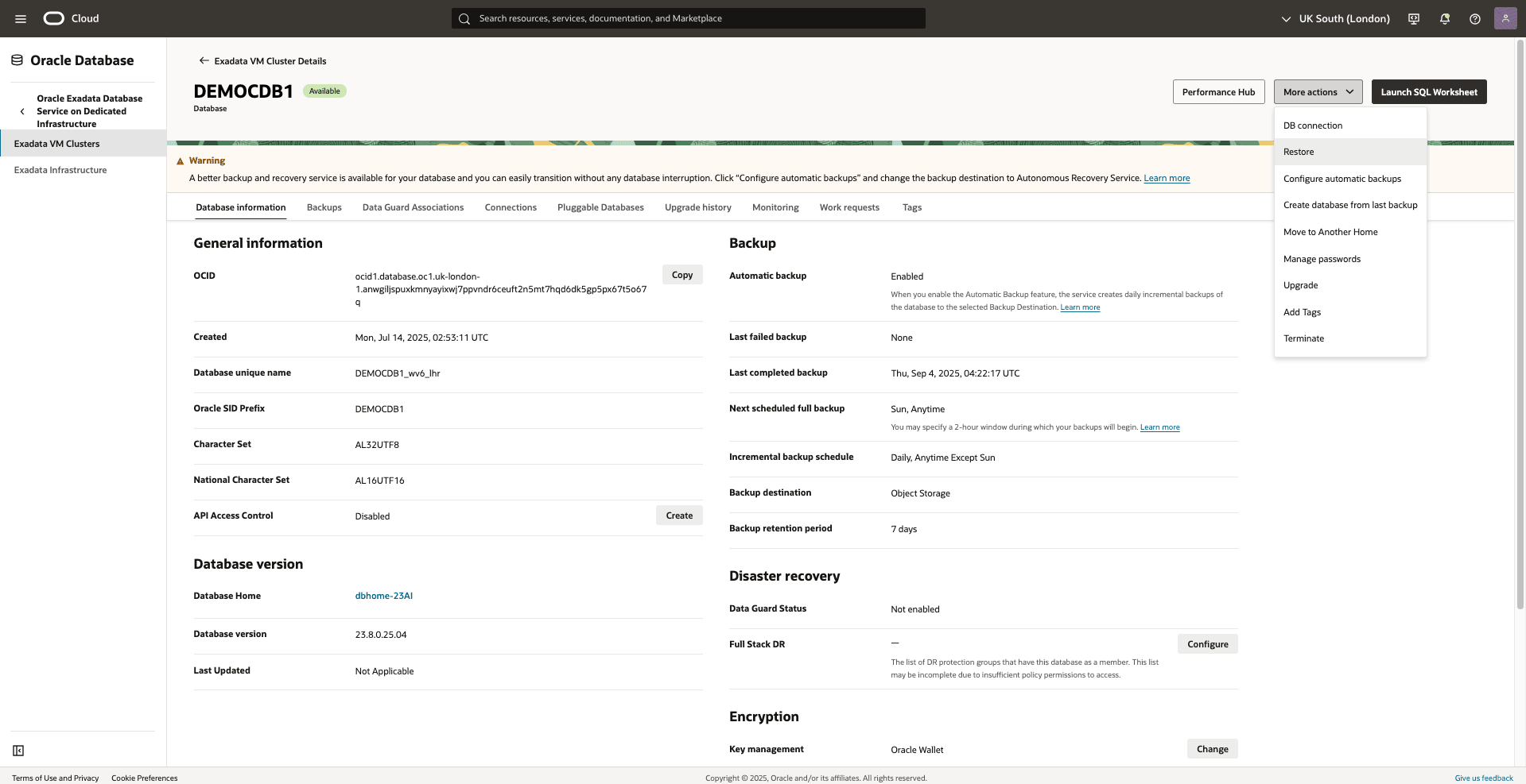 In diesem Screenshot wird gezeigt, wie Sie den Point-in-Time-Wert der Containerdatenbank (CDB) wiederherstellen.