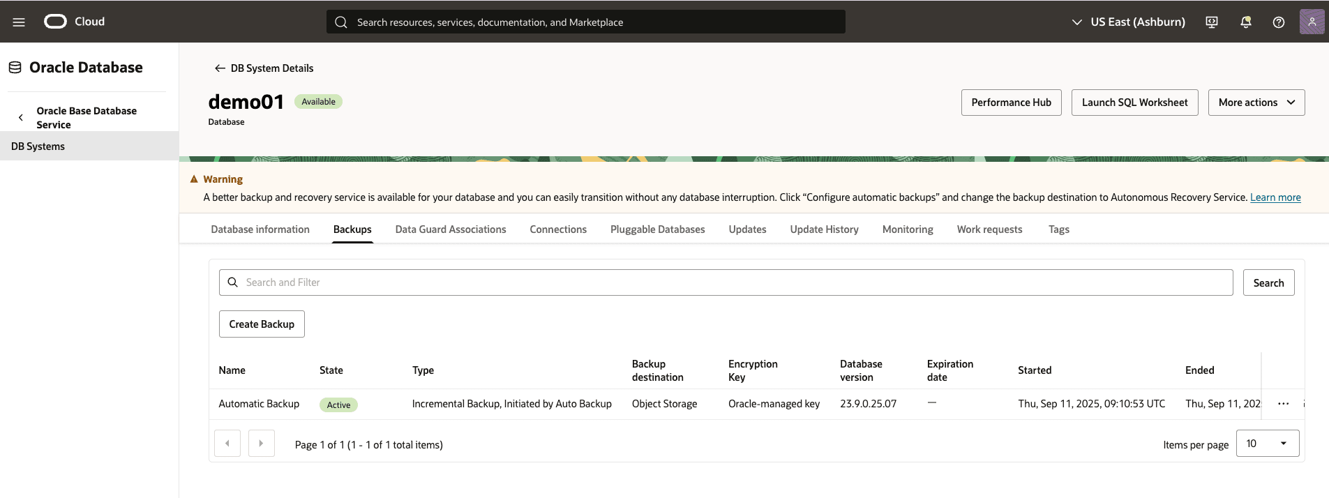 Ein Screenshot des Backup-Basisdatenbankprozesses.