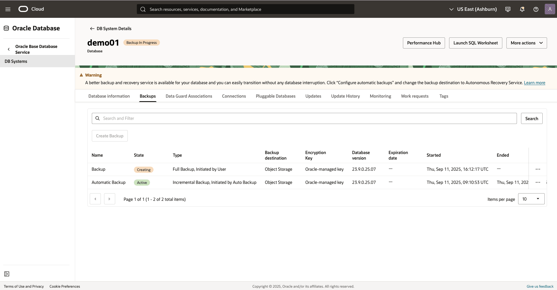 Ein Screenshot des Backup-Basisdatenbankprozesses.