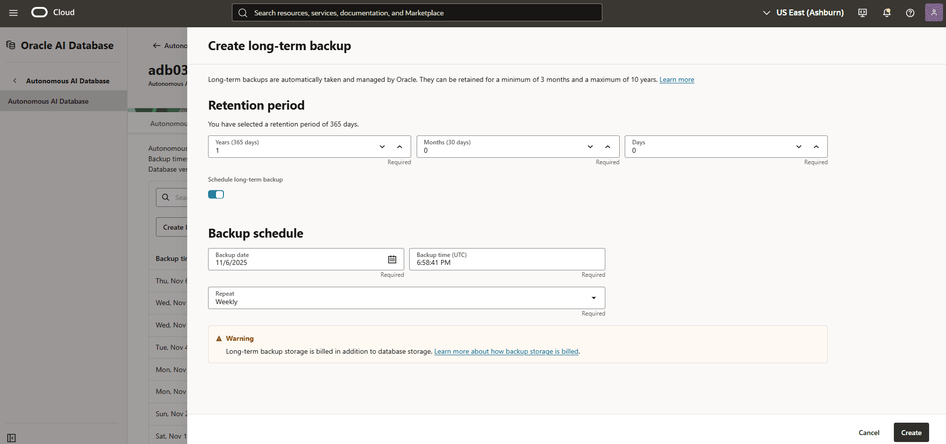 Screenshot des Prozesses zum Erstellen eines langfristigen Backups für eine autonome KI-Datenbank