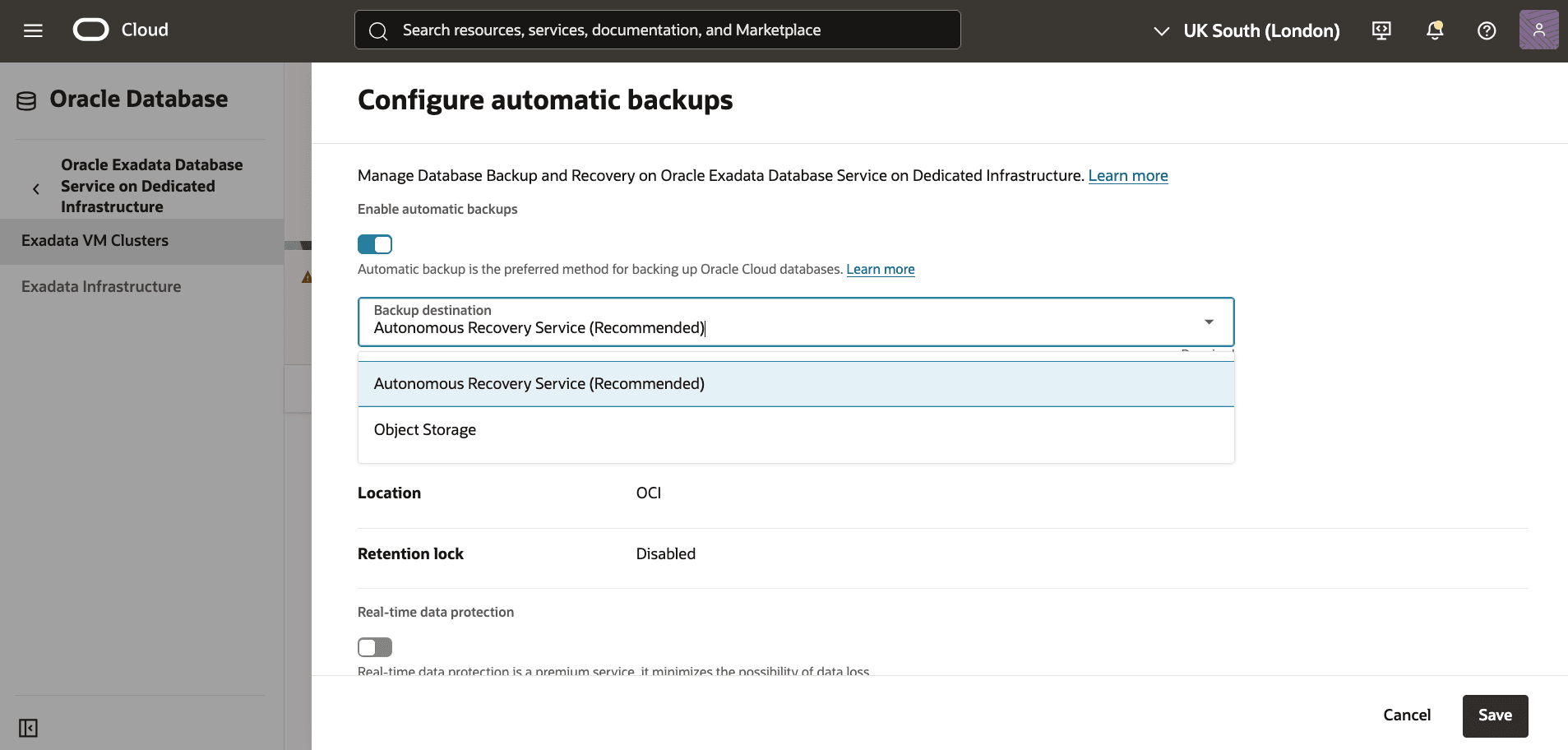 Ein Screenshot des Exadata-Datenbankbackupprozesses.