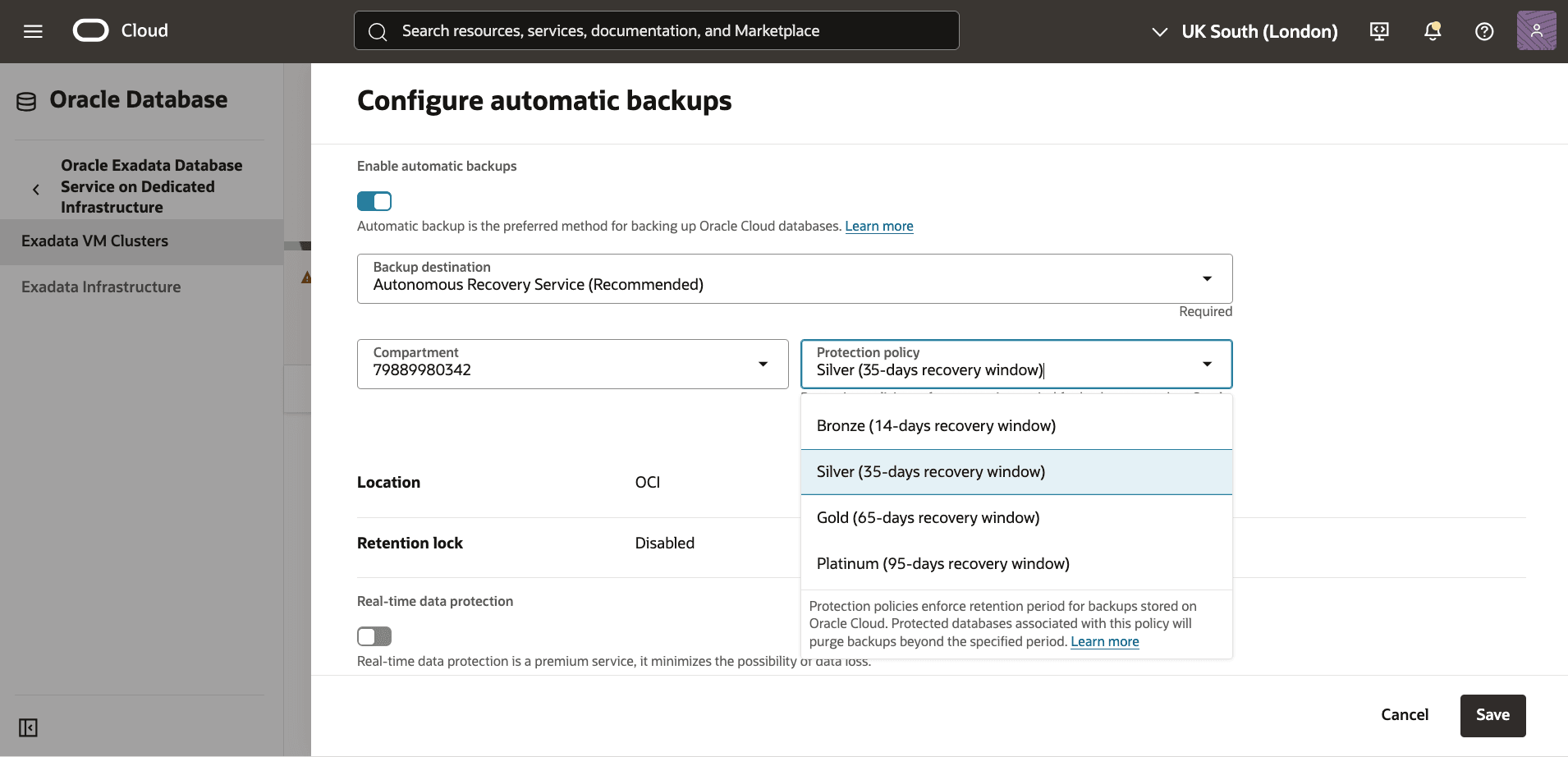 Ein Screenshot des Exadata-Datenbankbackupprozesses.