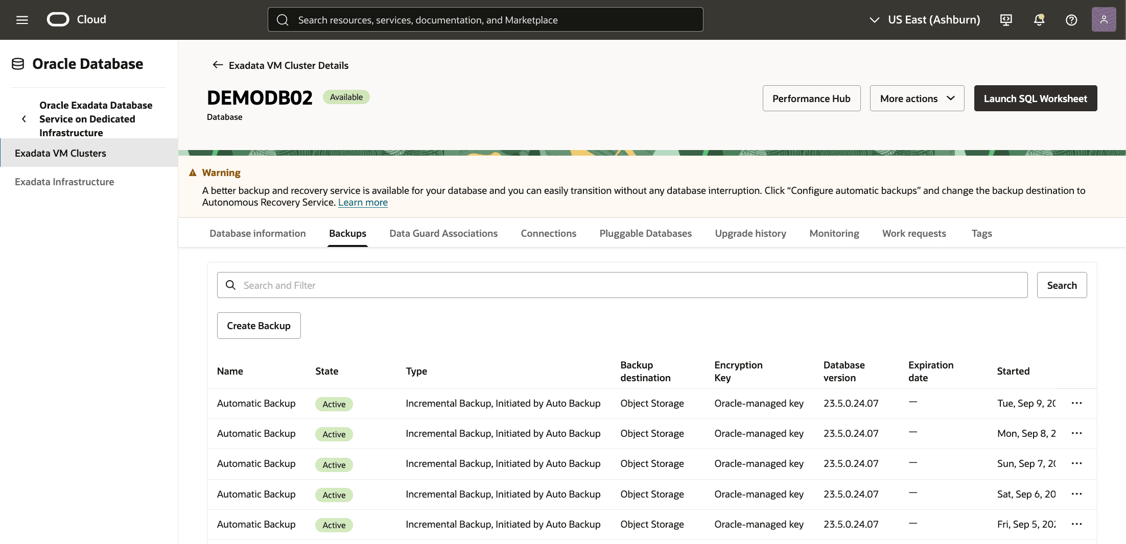 Ein Screenshot des Exadata-Datenbankbackupprozesses.