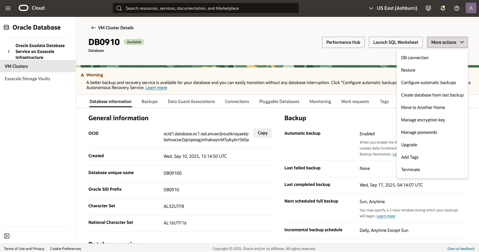 Ein Screenshot des Prozesses "Automatisches Backup aus der OCI-Konsole anzeigen". Ein Screenshot des Prozesses "Automatisches Backup aus der OCI-Konsole anzeigen".