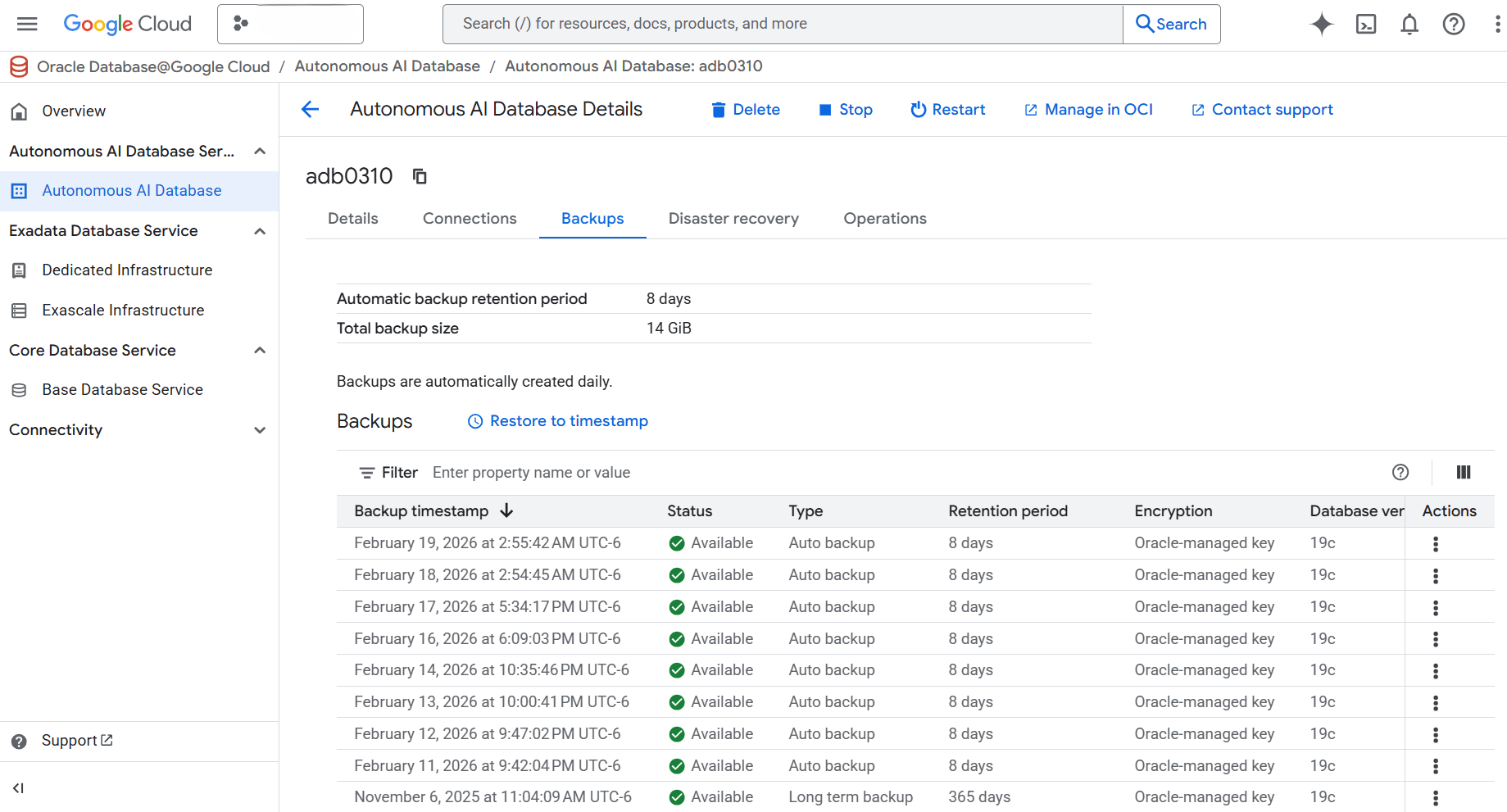 In diesem Screenshot wird die Registerkarte "Backups" der autonomen KI-Datenbank dargestellt.